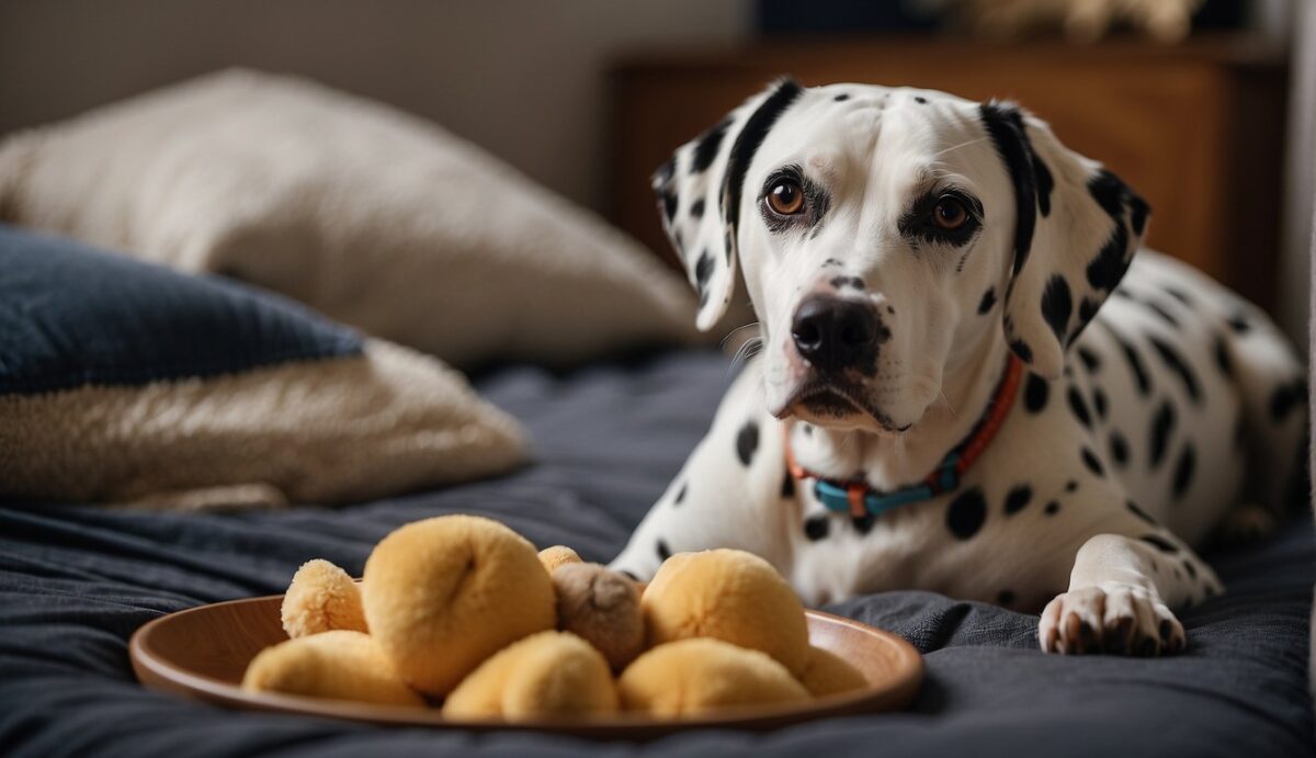 A Dalmatian senior dog lounges on a cozy bed, surrounded by soft toys and a raised food bowl, with a gentle, loving expression on its face
