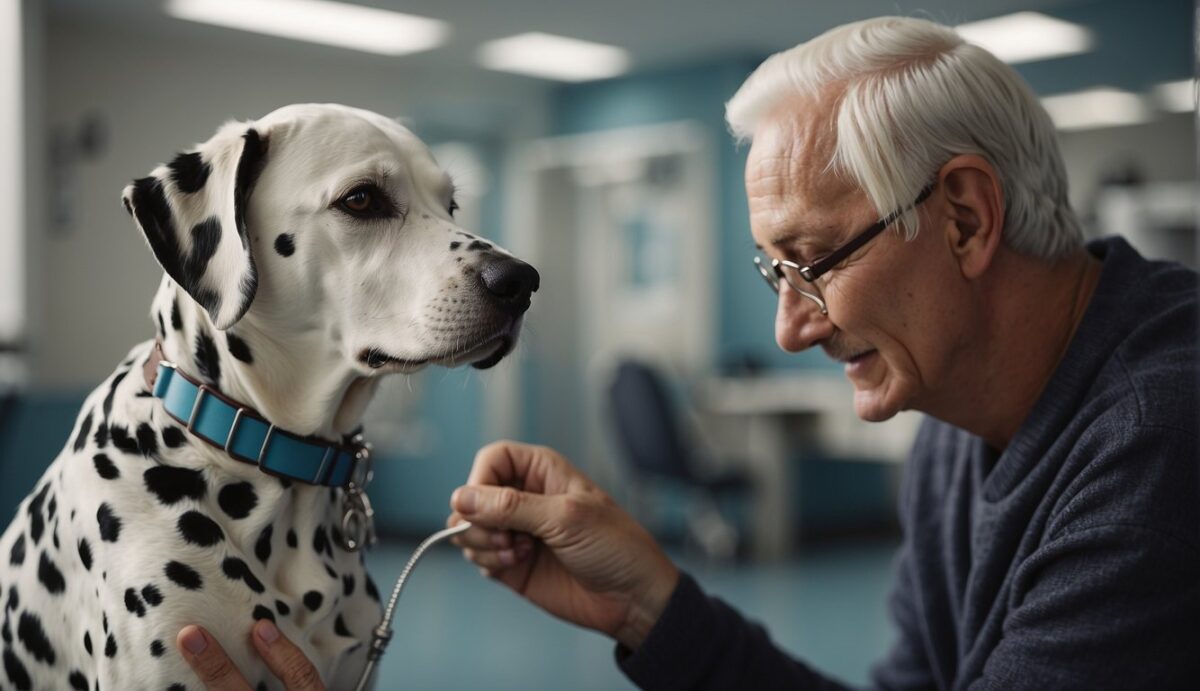A Dalmatian senior dog with greying fur, a gentle expression, and a slight limp, being comforted by its owner while receiving a check-up at the veterinary clinic